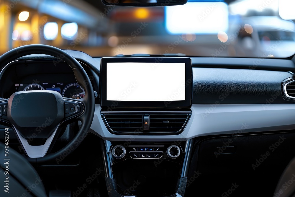 Close-up of a modern vehicle's dashboard featuring a blank infotainment screen, with a blurred street in the background