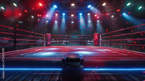 Empty modern boxing ring before start of professional boxing match or competition, illuminated by floodlights. Fight arena for boxers game. Sporty stadium for wrestling tournament. photo