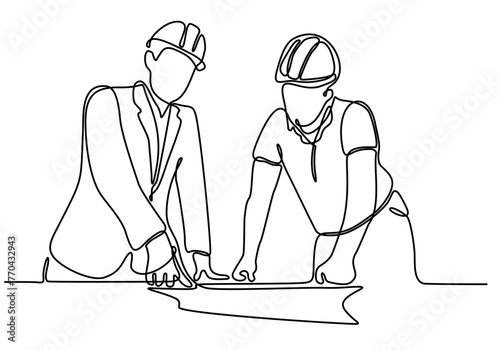 One single line drawing of young construction manager do short brief to builder coordinator. Building architecture business concept. Continuous line draw design vector graphic illustration