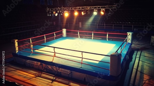 Empty boxing ring before start of professional boxing match or competition, illuminated by floodlights. Fight arena for boxers game. Sporty stadium for wrestling tournament. Retro vintage photo. photo