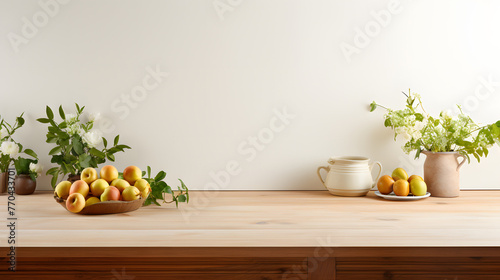 empty white wooden table in middle of kitchen background