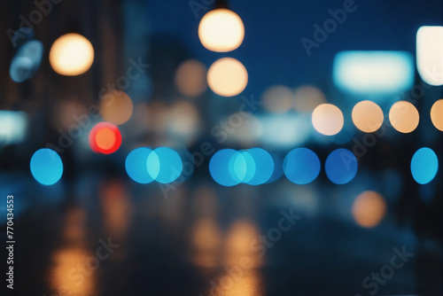 City blurring lights abstract circular bokeh on blue background photo