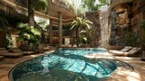 resort, indoor pool, waterfall, tropical, luxury, relaxation, palm trees, sun loungers, natural light, stone architecture, water reflection, serene, oasis, leisure, upscale, lush greenery, tranquility
