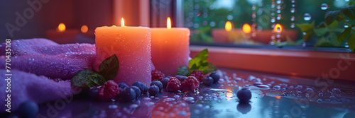 wellness decoration on the window with candles and raspberries