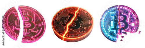 Set of neon glowing Bitcoin crypto coins cracked in two parts. BTC halving, reward for cryptocurrency mining is cut in half concept. Isolated cut-out with transparent background
