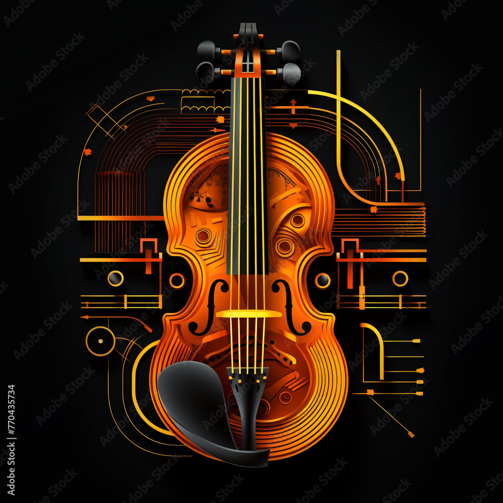violin with modern abstract art deco structure on black background - obrazy, fototapety, plakaty 