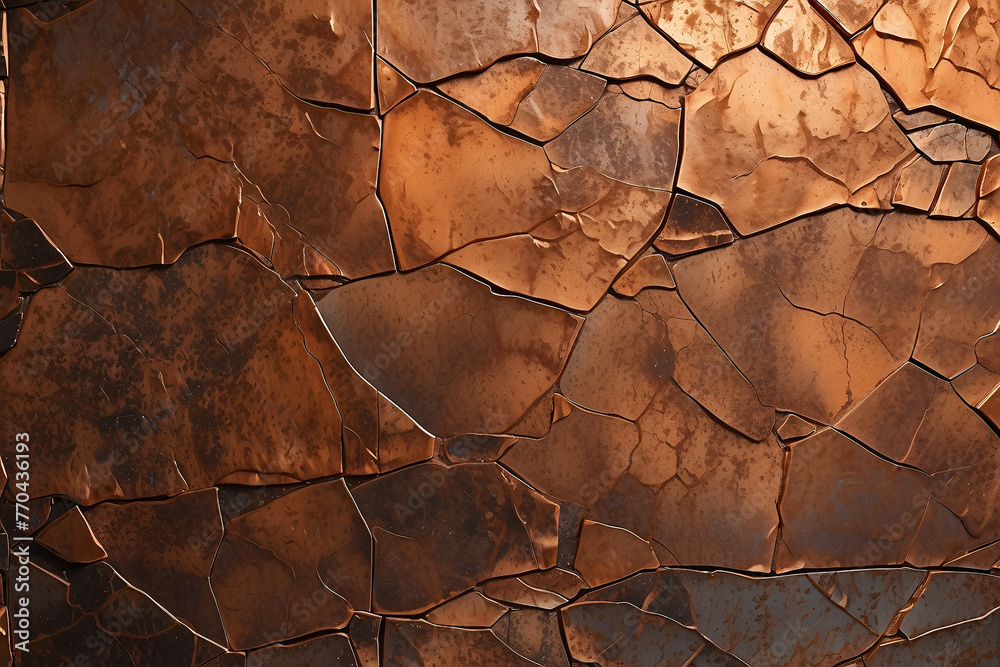 Image showcases a cracked earth surface, combining dark fissures with a burnt sienna color palette - obrazy, fototapety, plakaty 