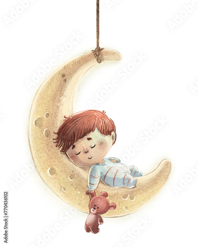 Baby with his teddy bear sleeping on the moon © cirodelia