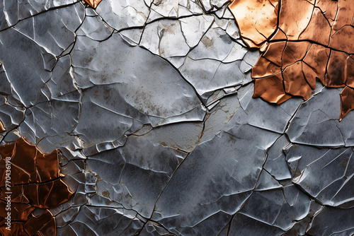 This image captures the intricate details of a cracked surface with contrasting silver and copper colors, highlighting texture and patterns photo