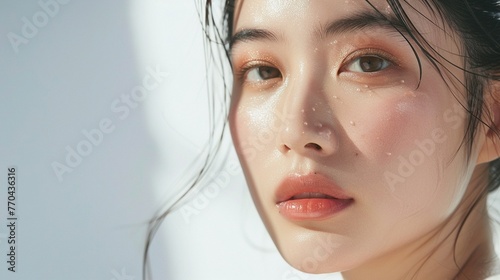 Beauty Portrait: Young Asian Woman with Fresh Skin on White Background