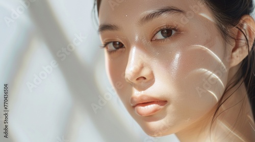 Beauty Portrait: Young Asian Woman with Fresh Skin on White Background