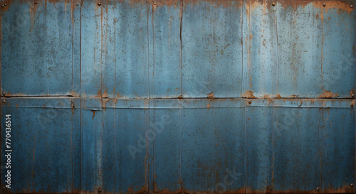 A full-frame image capturing the time-worn blue metallic surface with visible rust and corrosion for a grungy look