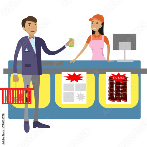 Man customer paying cash for groceries at cashier desk vector icon isolated on white