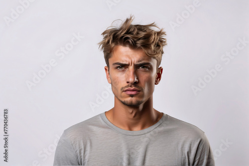 A young man displaying a confused and slightly serious expression, with stylish messy hair