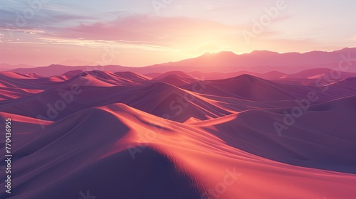 A digital illustration of rolling red sand dunes under a sunset sky, conveying a serene yet alien landscape. Sunset Over Surreal Red Sand Dunes

