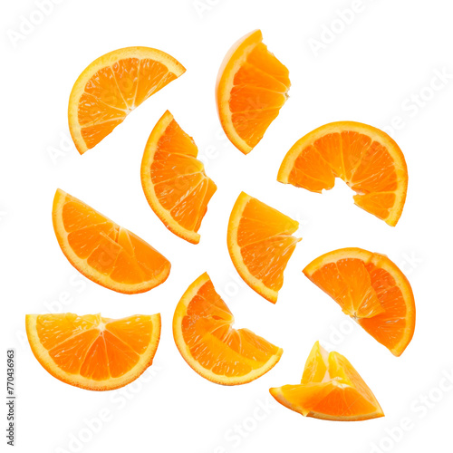 Juicy orange slices isolated on a transparent background. Close-up, cut out. 
