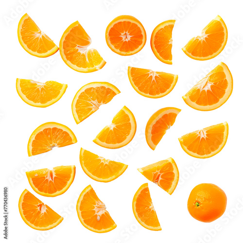 Juicy orange slices isolated on a transparent background. Close-up, cut out. 