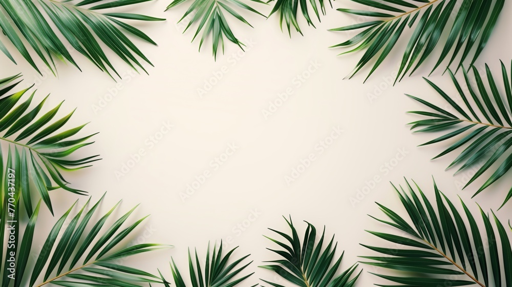 Tropical leaves border on a white background with copy space.