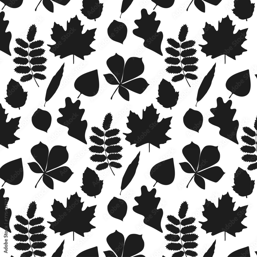 Fototapeta premium Pattern of silhouettes of autumn leaves. Various leaves on a white background. Vector illustration.