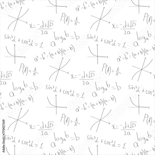 Seamless background with mathematical formulas on a white background. Vector illustration.