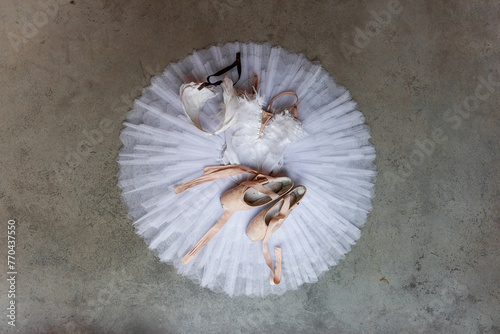Top view of complete ballet ensemble, with tutu, feathered bodice, and pointe shoes, arranged on stark concrete surface, evoking sense of poised elegance.
