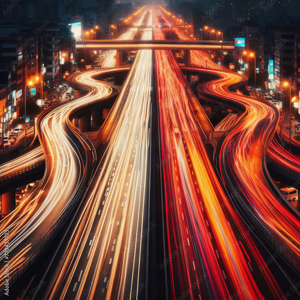 High angle view of light trails on the highway