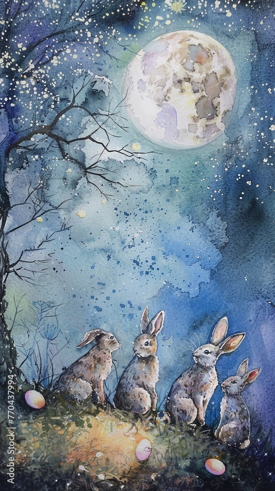 Obraz premium Bunnies on a moonlit Easter egg hunt, magical watercolors, eye-level, glowing moon overhead