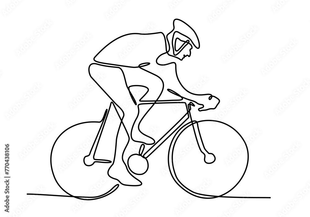Single continuous line drawing of young agile man cyclist train to pedal cycling fast. Sport lifestyle concept. Trendy one line draw design vector illustration graphic for cycling race promotion media Single continuous line drawing of young agile man cyclist train to pedal cycling fast. Sport lifestyle concept. Trendy one line draw design vector illustration graphic for cycling race promotion media