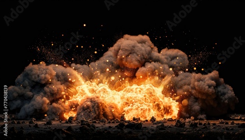 Explosion with smoke and sparks on isolated dark background. A huge fireball exploded from the ground. Surrounded by dense clouds of ash and dust. by AI generated image photo