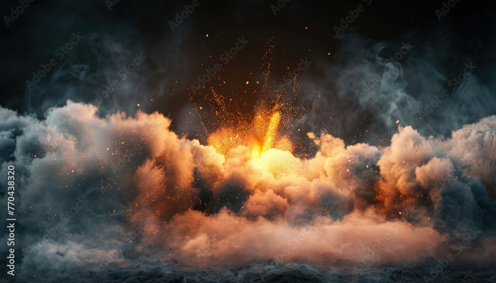 Explosion with smoke and sparks on isolated dark background. A huge fireball exploded from the ground. Surrounded by dense clouds of ash and dust. by AI generated image - obrazy, fototapety, plakaty 