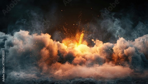 Explosion with smoke and sparks on isolated dark background. A huge fireball exploded from the ground. Surrounded by dense clouds of ash and dust. by AI generated image photo