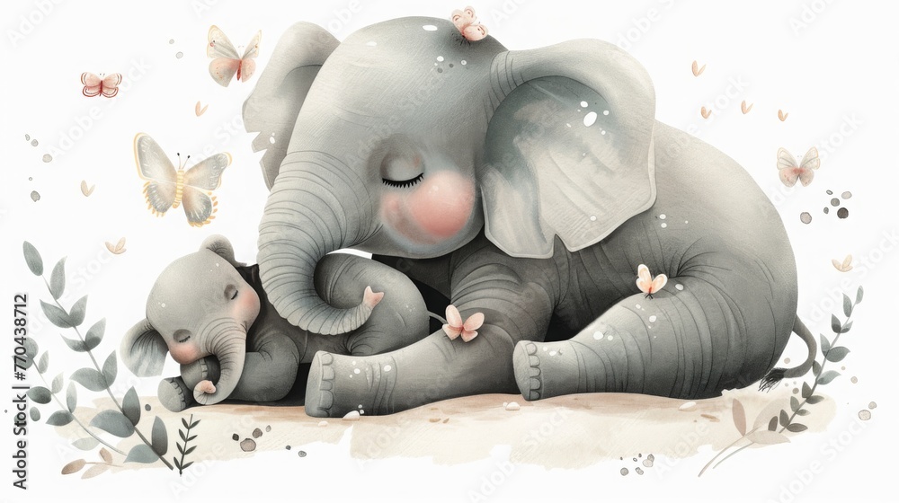 Loving Elephant Mother with Calf Illustration, heartwarming watercolor portrays a gentle elephant mother cradling her sleeping calf with immense love and care. - obrazy, fototapety, plakaty 