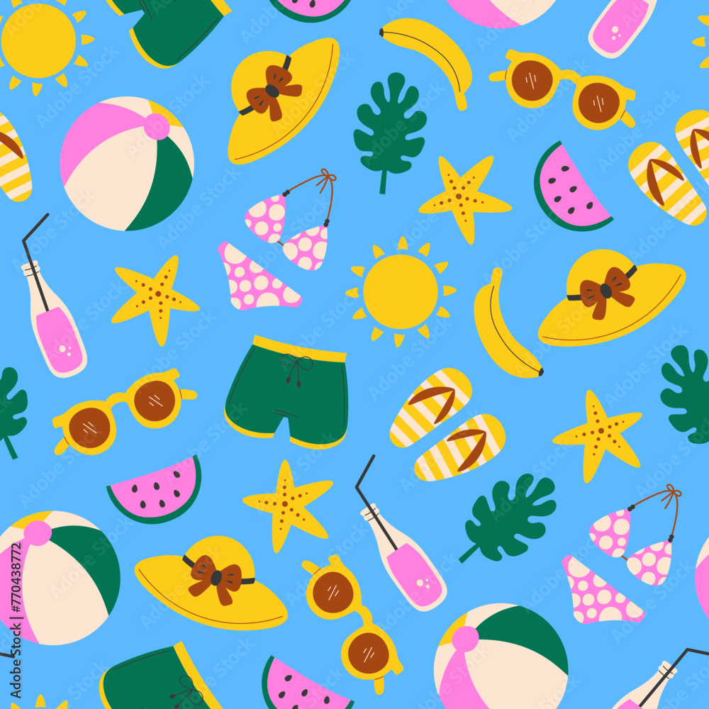 Summer seamless pattern with beach accessories. Summertime bright vacation repeat vector illustration. Vibrant color background with hat swimsuit sun sunglasses fruit drink elements Summer seamless pattern with beach accessories. Summertime bright vacation repeat vector illustration. Vibrant color background with hat swimsuit sun sunglasses fruit drink elements