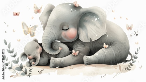 Loving Elephant Mother with Calf Illustration, heartwarming watercolor portrays a gentle elephant mother cradling her sleeping calf with immense love and care.
