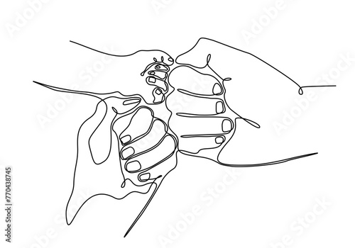 Continuous one line drawing. Abstract family hands holding hearts. Vector illustration