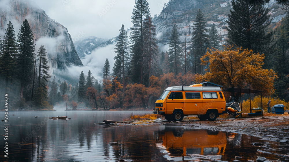 Camper van parked at in national park. Foggy lakeside. Outdoors. Adventure. Travel. Atmospheric ambient lighting. Van life. Explorers.	