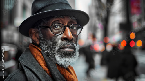 A African American man with a hat and glasses is standing on a city street. He is wearing a scarf and he is cold. The street is busy with cars and people walking around