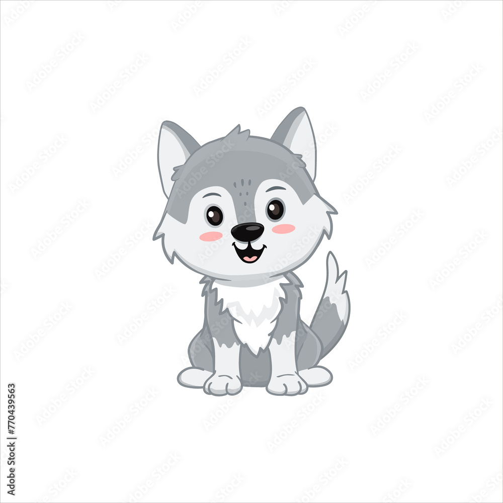 Cute Gray wolf isolated on white. Cartoon character, wolf cub grey. 