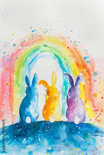Bunnies painting rainbows for Easter  bright watercolors  over-the-shoulder shot  clear sky