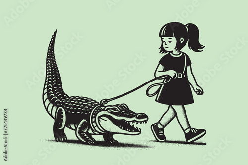 A little girl walks a crocodile on a leash. Outline vector illustration, retro style, isolated object