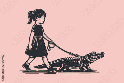 A little girl walks a crocodile on a leash. Outline vector illustration, retro style, isolated object