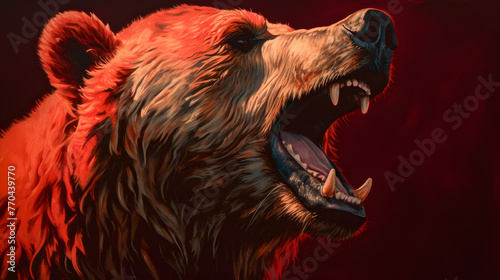 a bear with its mouth open near red background photo