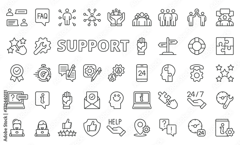 Support icons in line design. Assistance, help, service, consultation, response, care, experience, business, fast repair isolated on white background vector. Support editable stroke icons.