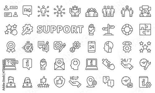 Support icons in line design. Assistance  help  service  consultation  response  care  experience  business  fast repair isolated on white background vector. Support editable stroke icons.
