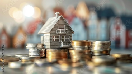 real estate investment, featuring a miniature grey house placed atop rising stacks of coins, variously houses and currency notes in background, suggesting growth in property value, financial planning