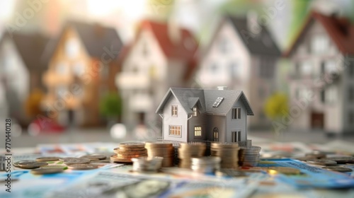real estate investment, featuring a miniature grey house placed atop rising stacks of coins, variously houses and currency notes in background, suggesting growth in property value, financial planning photo
