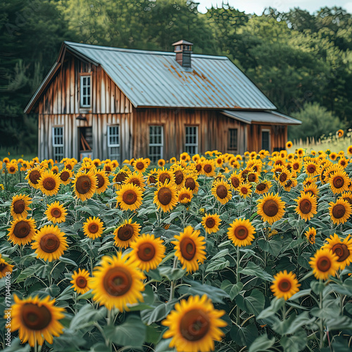 a field of sunflowers in front of a barn