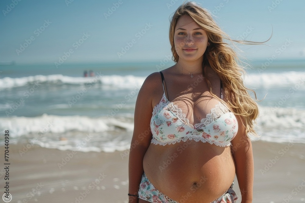 Woman in swimwear at the sea. Overweight young woman in swimsuit against the sea Woman in swimwear at the sea. Overweight young woman in swimsuit against the sea