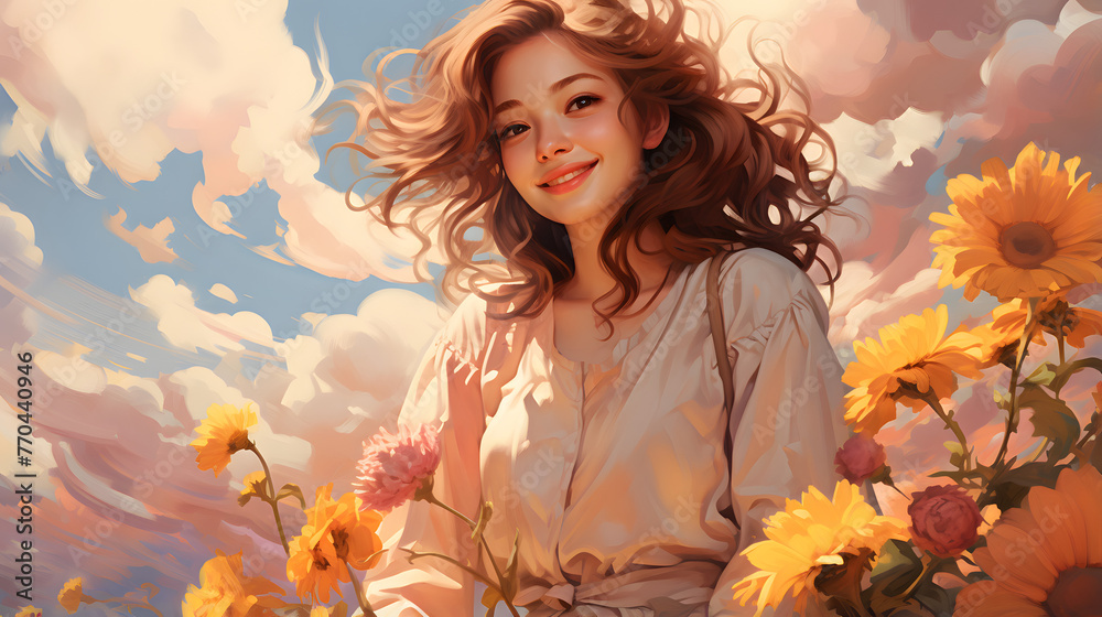a happy woman strolling through a field of sunflowers