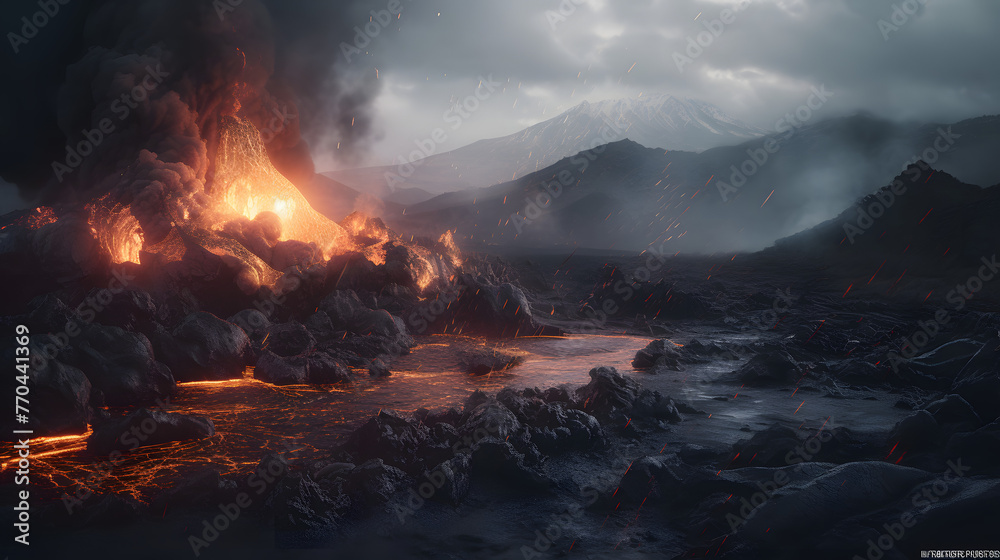 a lava landscape with dark clouds and a volcano